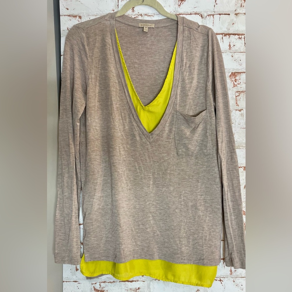 Anthropologie Bordeaux Gray V-Neck Blouse with Yellow Detail